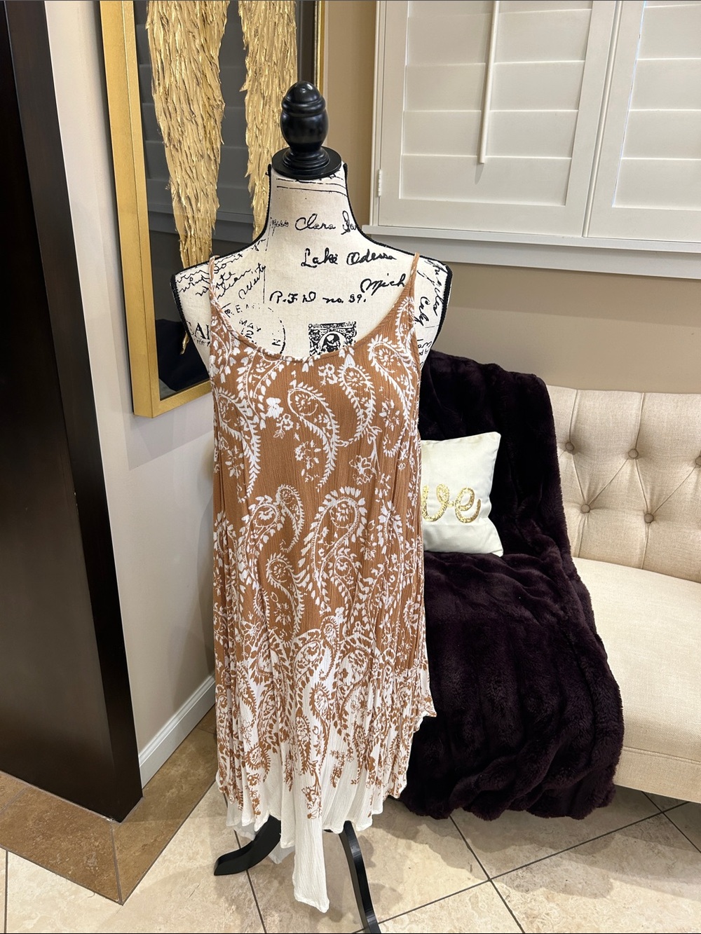 O'Neill Brown and White Paisley Midi Slip Dress